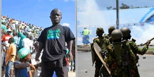 Screengrab images of the late David Ochieng(Left) nd police officers during a past Azimio protest(Right)