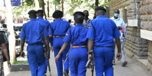 Police officers on patrol outside Nairobi's County Assembly Building