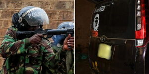 Police officers shooting at protesters (left) and a car nabbed by police officers in Embu