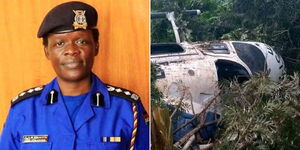 Police Spokesperson Resila Onyango (left) and an image of a chopper that crashed in Meru County in June 2020.