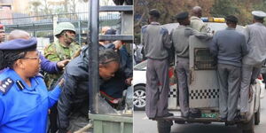 A collage of police arresting protesters in Nairobi in April 2023 and county council askaris (kanjos) roaming around the CBD