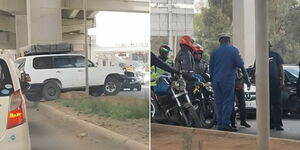A photo collage of a motorist driving a white Land Cruiser illegally crossing lanes along Waiyaki Way on September 5, 2023 ( left) and police at the accident scene (right)