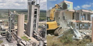 A photo collage of the East African Portland Cement (EAPC) and houses being demolished in Mavoko on October 13, 2023