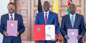 President William Ruto (center) with his deputy Rigathi Gachagua (right) and National Assembly Speaker Moses Wetangula at State House on Monday, August 5, 2024.
