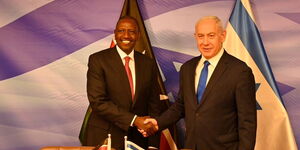 President William Ruto (left) shaking hands with Israel's Prime Minister Benjamin Netanyahu (right) on May 9, 2023