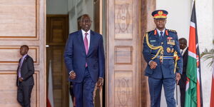 President William Ruto (left) walking with Chief of Defence Forces General Francis Ogolla (right) at State House on February 5, 2024