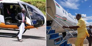 President William Ruto alights from a chopper (left) and boards his presidential jet.