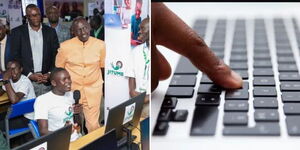 President William Ruto and Brian Kipchumba (right) and a person typing on keyboard.