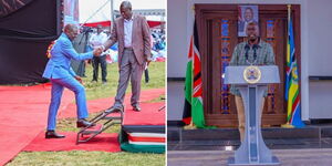 President William Ruto and his deputy Rigathi Gachagua at ACK Church in Nyahururu (left) and the DP giving a press briefing in Mombasa,