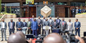 President William Ruto and Raila Odinga hold a press briefing outside KICC on Tuesday, July 9, 2023.