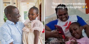 President William Ruto and Tinsley Nduta at State House (left) and Nduta with her parent talking to Ruto on phone.