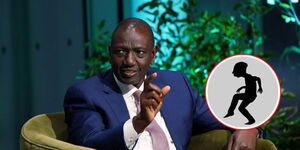 President William Ruto at an interview and silhouettes in his likeness (inset).