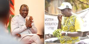 President William Ruto in a meeting (left) and eating Miraa.
