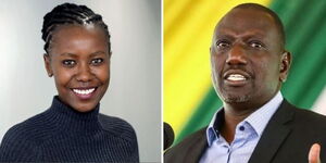 A side-by-side image of Naomi Mwaura, founder of Flone Initiative and President William Ruto addressing a past briefing. 