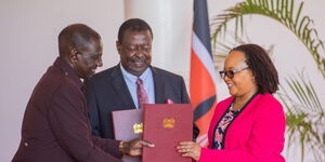 President William Ruto, PCS Musalia Mudavadi and Kirinyaga Governor Anne Waiguru at State House