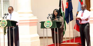 President Uhuru Kenyatta (left), France Ambassador Judy Wakhungu (center)and Deputy President William Ruto at an event at State House.