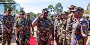 President William Ruto, along side other military heads, presiding over KDF day celebrations  in Eldoret on Tuesday, October 14.