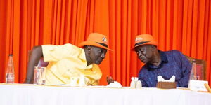 President William Ruto alongside ODM Part leader Oburu Odinga during the ODM 20th anniversary celebrations in Mombasa on Saturday, November 15
