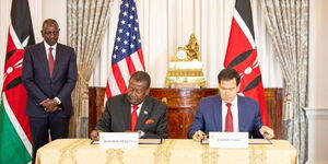 President William Ruto(Left) alongside Prime Cabinet Secretary Musalia Mudavadi, and U.S Secretary of State Marc  Rubio during an agreement  signing on Thursday, December 4 