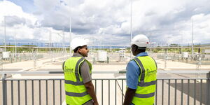 Ethiopia's Prime Minister Abiy Ahmed (left) and President William Ruto during a tour of the Suswa Substation, Kajiado County on February 28, 2024