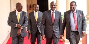 President Ruto (second right), DP Gachagua (far left), Prime CS Musalia Mudavadi (far right) and Aaron Cheruiyot at State House for the Kenya Kwanza Parliamentary Group Meeting on May 23, 2023.