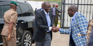 President William Ruto greeting Deputy President Rigathi Gachagua after arriving at an event on April 28, 2023.