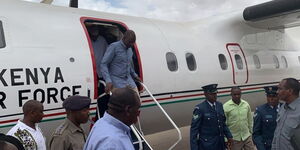 President William Ruto alights from Kenya Airforce plane in 2019.