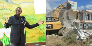 President William Ruto and an excavator demolishes a building in Mavoko.