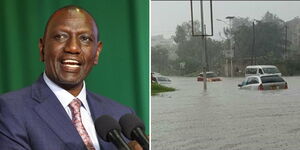 President William Ruto and cars on a flooded road in Kenya.