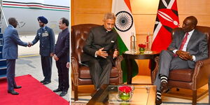 President William Ruto arrives in India (left) and the Head of State in a meeting with Subrahmanyam Jaishankar, the External Affairs Ministrer of India.