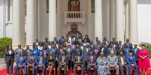President William Ruto (centre), his deputy Rigathi Gachagua on his left and PCS Musalia Mudavadi on his right posing with CAS nominees at State House Nairobi on March 23, 2023