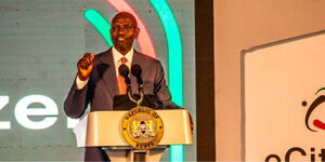 President William Ruto during the unveiling of e-Citizen Services, GavaMkononi App and Gava Express on June 30, 2023, at the KICC