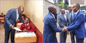 President William Ruto gives a KCPE candidate examination paper (left) and the Head of State greeting Kiambu Governor Kimani Wamatangi.