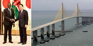 President William Ruto greets Japanese Prime Minister Fumio Kushida (left) and an artistic impression of the Mombasa Gateway Bridge .