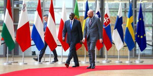President William Ruto (left) walking alongside Charles Michel, President of the European Council at Brusells, Belgium on March 30, 2023.