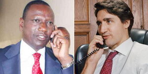 President William Ruto (left) and Canadian Prime Minister Justin Trudaeu speak on phones.