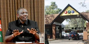 President William Ruto (left) and entrance to KBC headquarters in Nairobi.