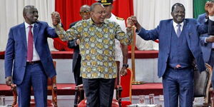 President William Ruto (left), his predecessor Uhuru Kenyatta and Raila Odinga.