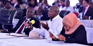 President William Ruto (left) with his Ugandan and Tanzanian counterparts Yoweri Museveni and Samia Suluhu at the Africa Now Summit in 2019.