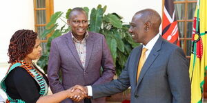 President William Ruto (right) greets Nakuru Senator Tabitha Karanja (left) at State House on Monday, April 3, 2023, as National Assembly Majority Leader Kimani Ichung'wah looks on.