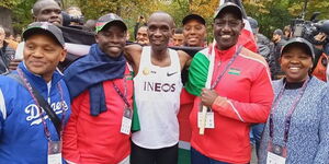 President William Ruto (second right) his wife Rachel (right) and Eliud Kipchoge (center) after Ineos Challenge in Viena in 2019.