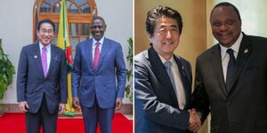 President William Ruto with Japanese PM Kishida Fumio at State House (left) and former President Uhuru Kenyatta with former Japan PM Shinzo Abe in Yokohama.