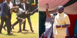 Presidential security manhandles a man (left) and President William Ruto addressing Kakamega residents.