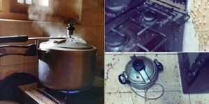 A photo collage of a pressure cooker on a gas cooker and a gas cooker on the floor after an explosion.