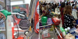 A petrol assistant attending to a vehicle (left) and Kenyans at a super market In Nairobi County.