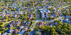Aerial view showing houses in a densely populated area in Australia taken in September 2020.