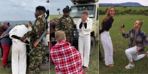 A photo collage of Mantas Zvinas proposing to his girlfriend Steph Currie with the help of Maasai Mara game rangers in July 2023.