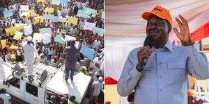 Protesters in Banissa Constituency (left) and former Prime Minister Raila Odinga.
