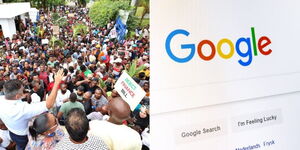 Governor Abdulswamad Nassir joins anti-Finance Bill 2024 protesters in Mombasa on June 25, 2024 (left) and a Google search display on a computer.