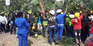 Affordable Housing Project builders protesting outside Milimani Law Courts on January 30, 2024